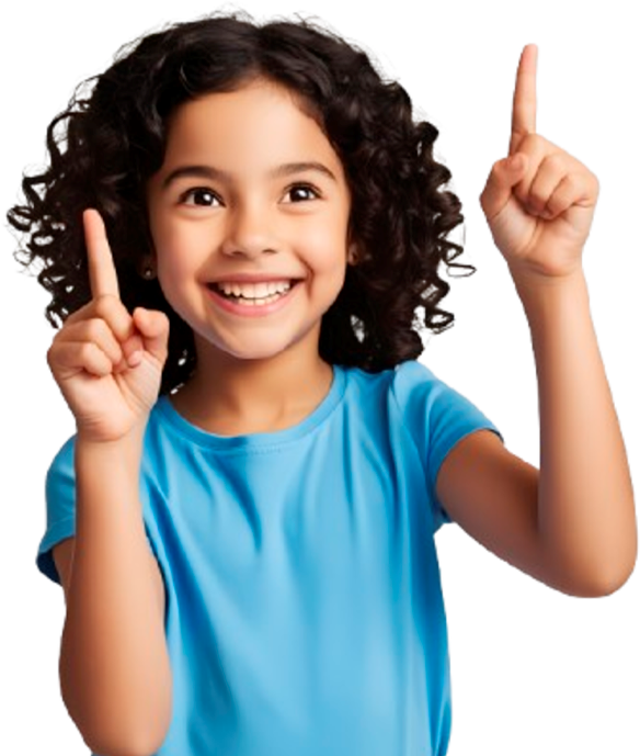 Menina sorrindo e apontando para cima